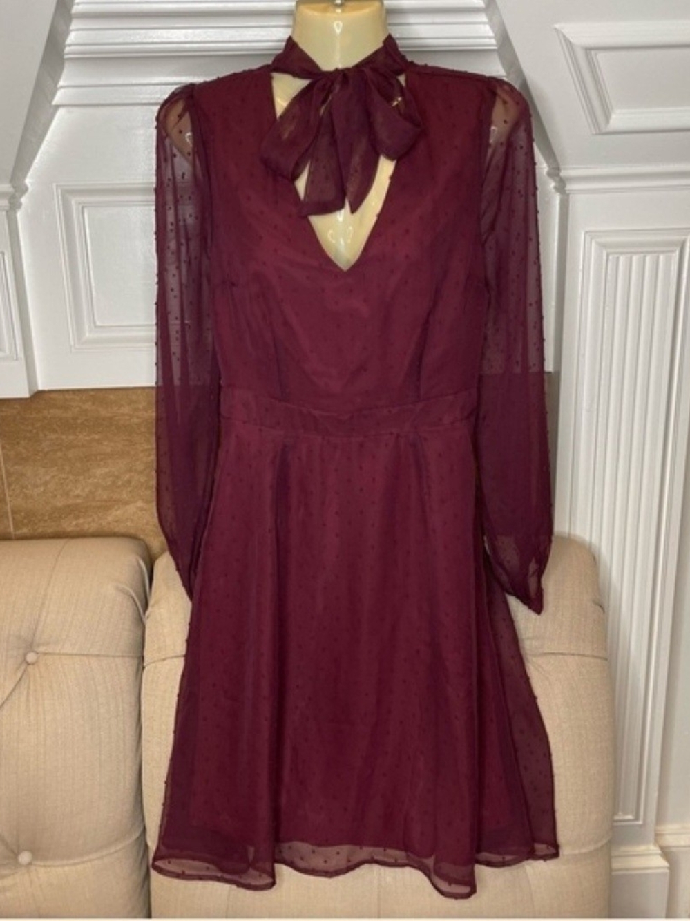 Modcloth Wine Tie-Neck Long Sleeve Dress